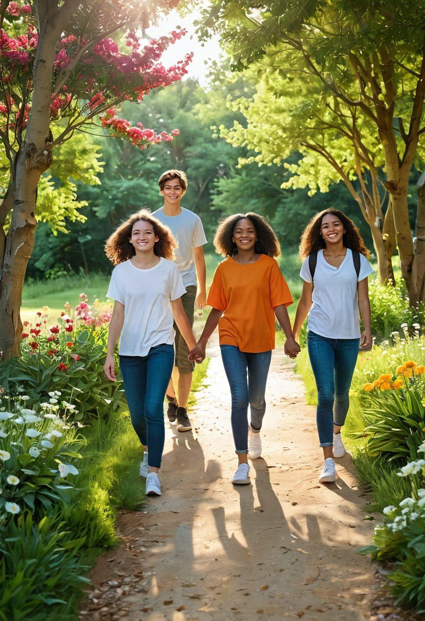 A serene landscape depicting a diverse group of happy adolescents walking together on a path surrounded by vibrant greenery and blooming flowers. They are engaging in joyful activities such as laughing, sharing, and supporting each other. Soft sunlight filters through the trees, creating a warm and inviting atmosphere. The scene conveys a sense of unity, growth, and empowerment through wellness and connection. super-realistic. vibrant colors. nature background.