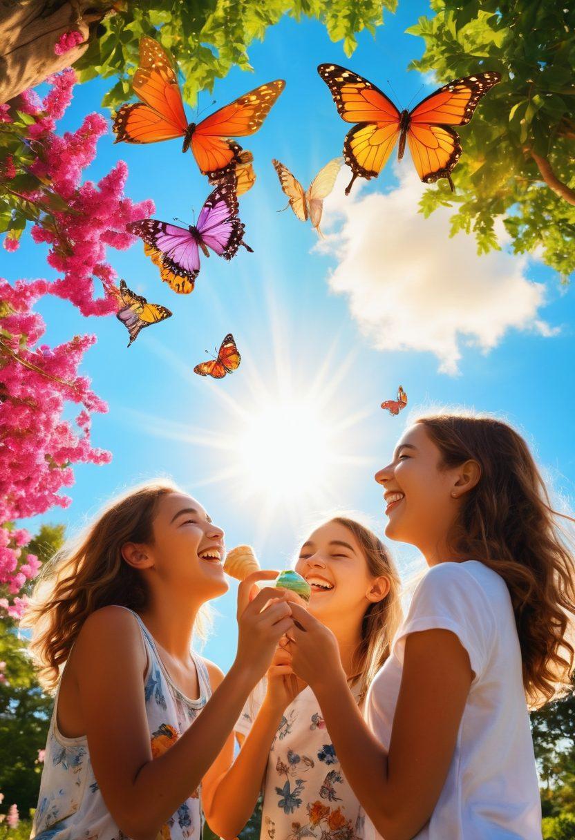 A vibrant scene of diverse teenagers enjoying various joyful activities in a sunlit park, such as laughing, playing games, and sharing ice cream. Surround them with colorful flowers and butterflies to symbolize growth and happiness, while a golden sun beams down from a clear blue sky. Emphasize their expressions of joy and friendship, capturing the essence of a carefree teenage life. super-realistic. vibrant colors. sunny background.