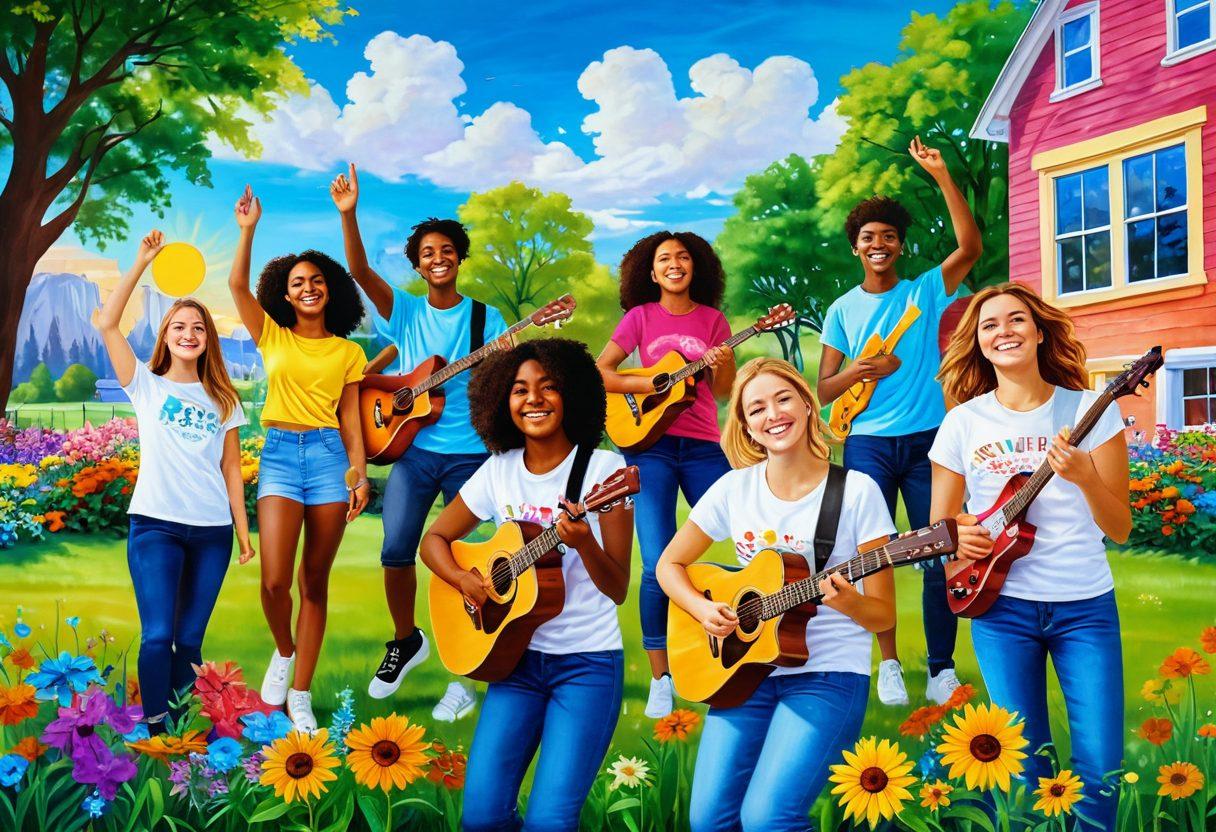 A vibrant scene depicting a diverse group of happy teens engaged in various uplifting activities, such as painting, playing music, and sharing positive messages. The background should feature colorful murals and nature elements like flowers and sunny skies, symbolizing creativity and positivity. The overall atmosphere should radiate joy and connection. super-realistic. vibrant colors. bright background.